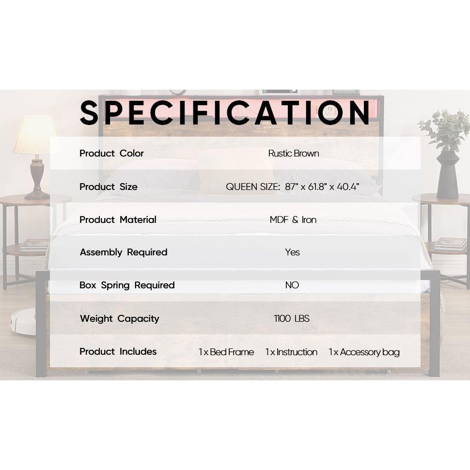 Queen Size Bed Frame with Storage Headboard and 2 Drawers, LED Lights Bed with Charging Station, Metal Platform Bed No Noise, Mattress Foundation Strong Metal Slats Support No Box Spring Needed