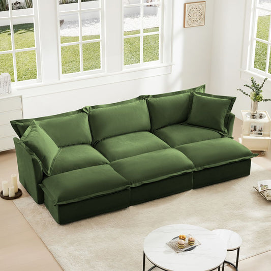 Living Room Sofa Slipcovered Sofa 3 Seater Sofa With 3 Ottomans, Oversized 3-Seat Sleeper Sofa Bed Home Theater Sofa,  Chenille, Green