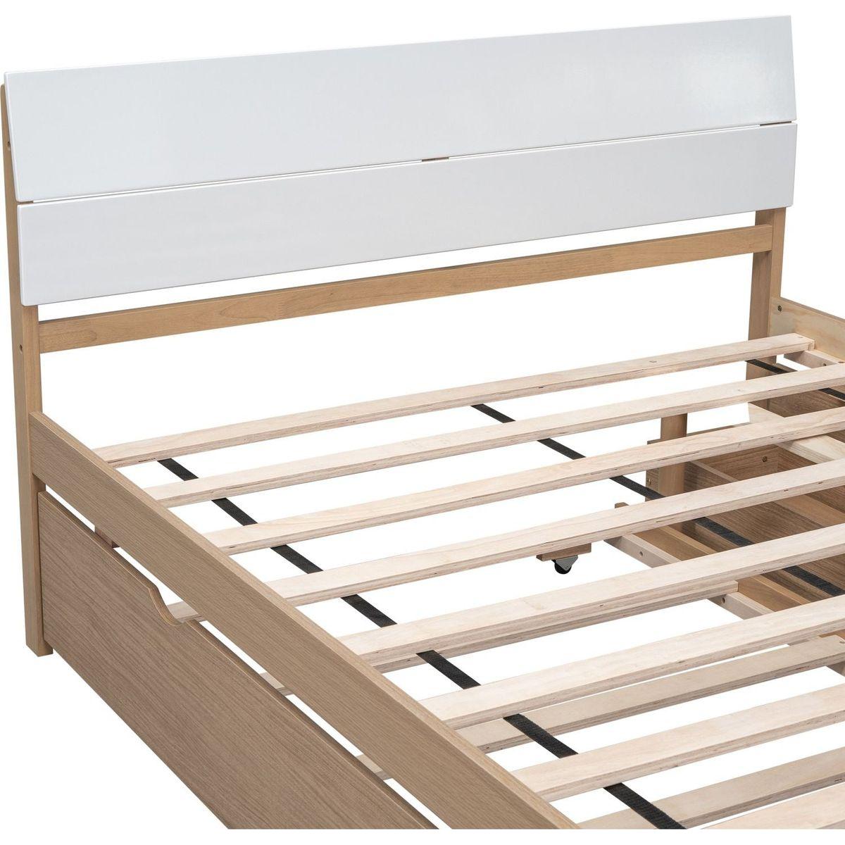 Modern Full Bed Frame With Twin Size Trundle And 2 Drawers For White High Gloss With Light Oak Color