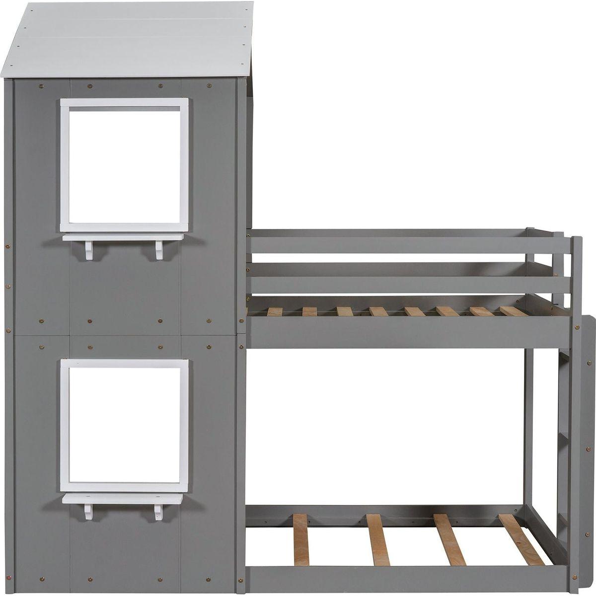 Twin Over Twin Bunk Bed Wood Bed with Roof, Window, Guardrail, Ladder (White)