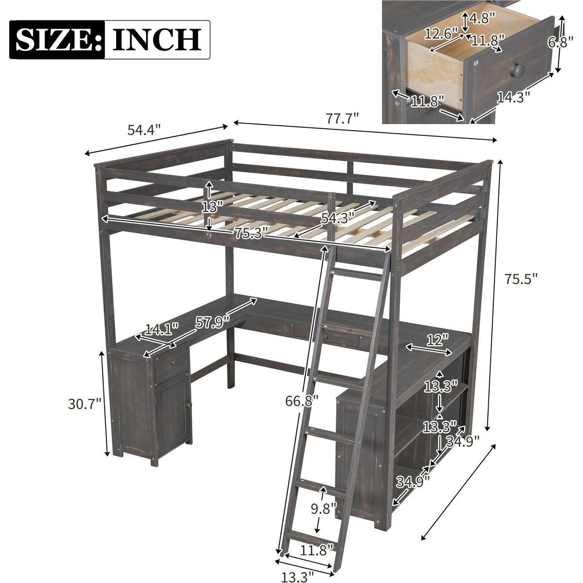 Full Size Loft Bed with U-shaped Desk, Drawers and Storage Shelves, Antique Brown