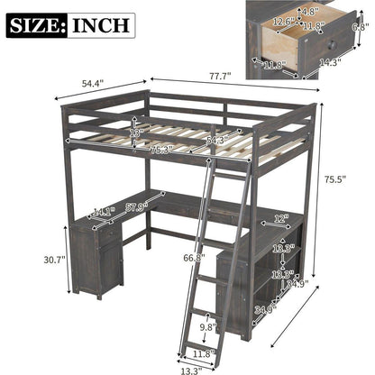 Full Size Loft Bed with U-shaped Desk, Drawers and Storage Shelves, Antique Brown