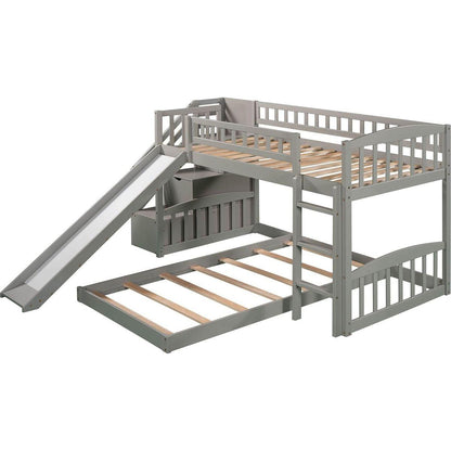 Stairway Twin over Twin Bunk Bed with Two Drawers and Slide, Gray