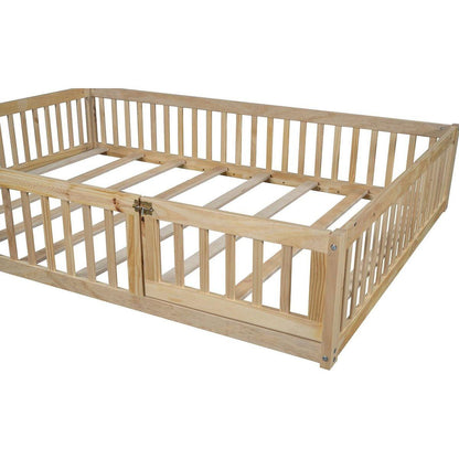 Wood Full Size House Platform Bed with Guardrail, Natural