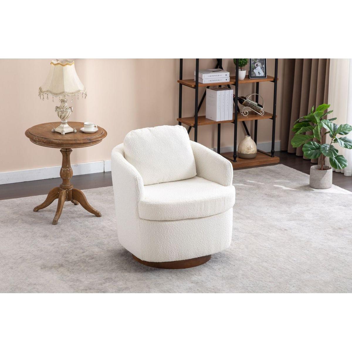 Boucle Fabric Swivel Accent Chair With Soild Wood Round Brown Base Leg,Ivory