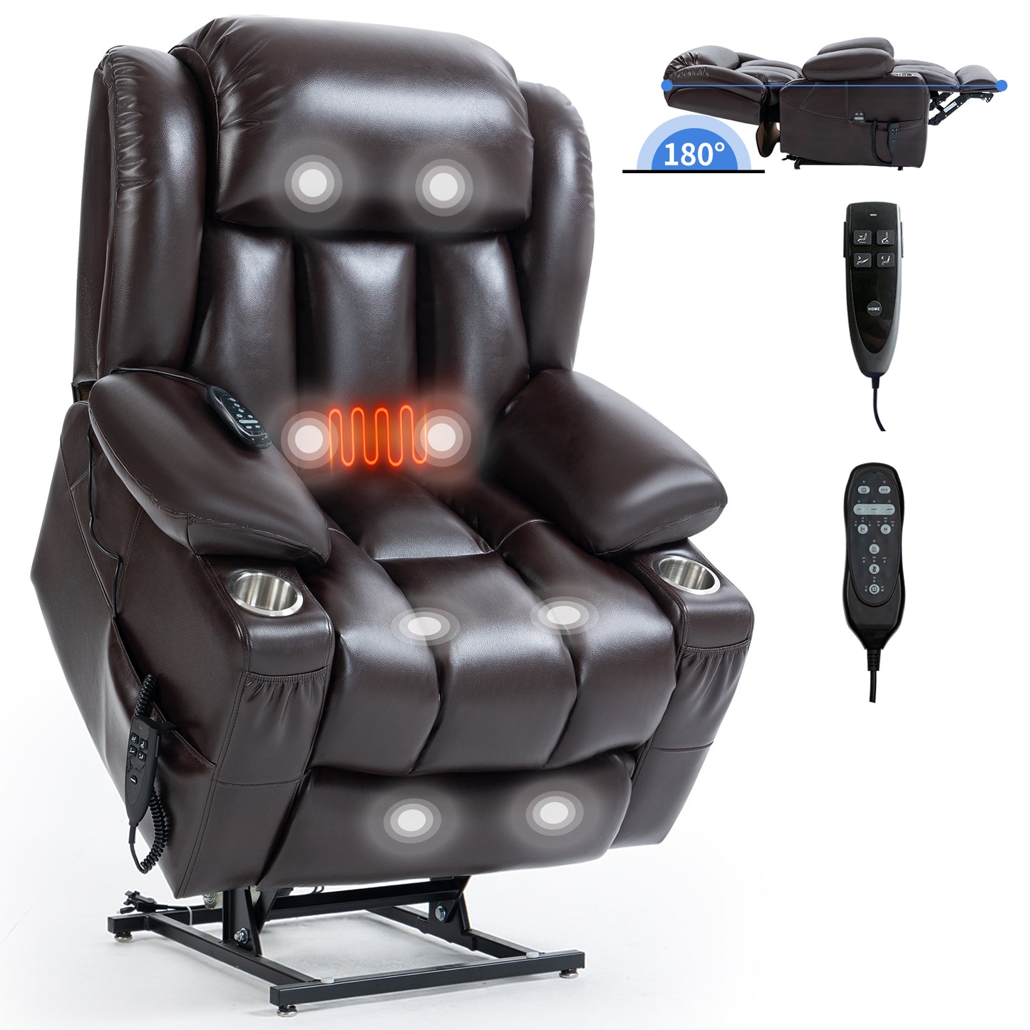 Dual Motor Infinite Position Up to 350 LBS Leatheraire Power Lift Recliner Chair, Heavy Duty Motion Mechanism with 8-Point Vibration Massage and Lumbar Heating, Stainless steel Cup Holders, Brown