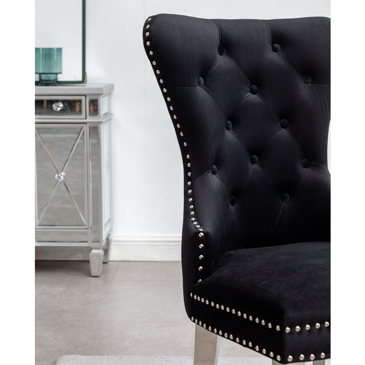 Montura Contemporary Tufted Velvet Chair with Nailhead Trim, Set of 2, Black
