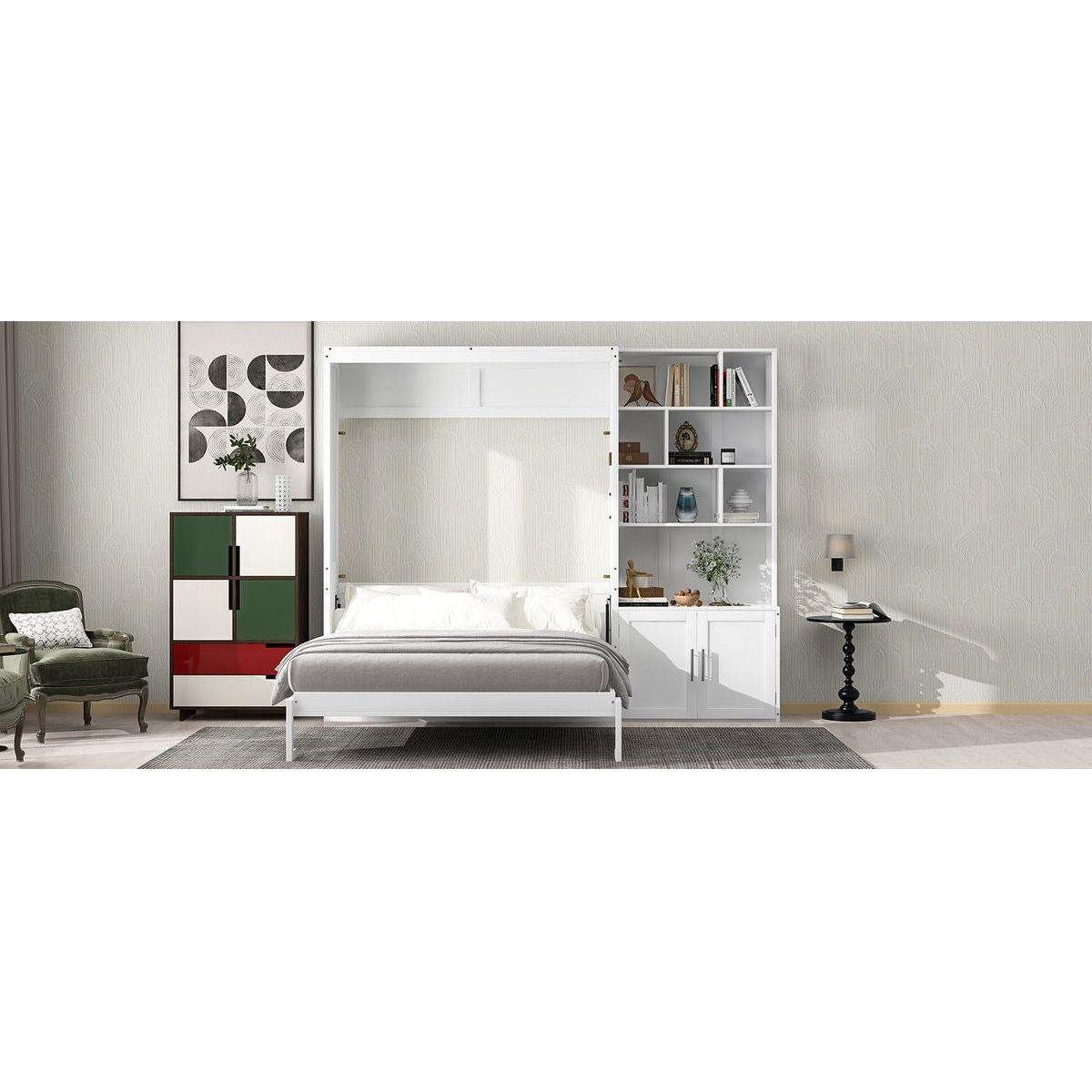 Full Size Murphy Bed with Multiple Storage Shelves and A Cabinet, White