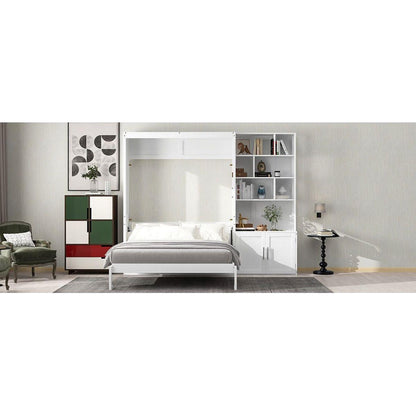 Full Size Murphy Bed with Multiple Storage Shelves and A Cabinet, White