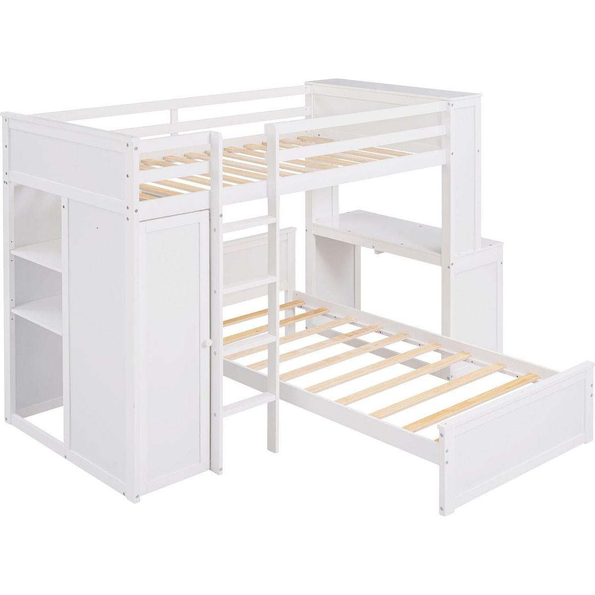 Twin size Loft Bed with a Stand-alone bed, Shelves,Desk,and Wardrobe-White