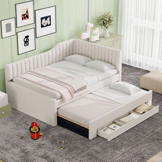 Full Size Upholstered Daybed with Trundle and Three Drawers, Beige