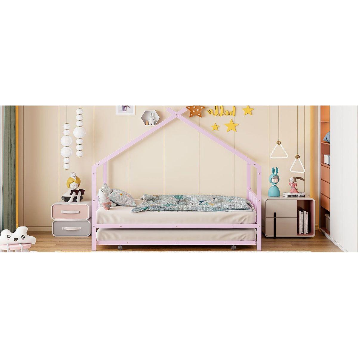 Full Size Metal House Bed with Twin Size Trundle, Pink