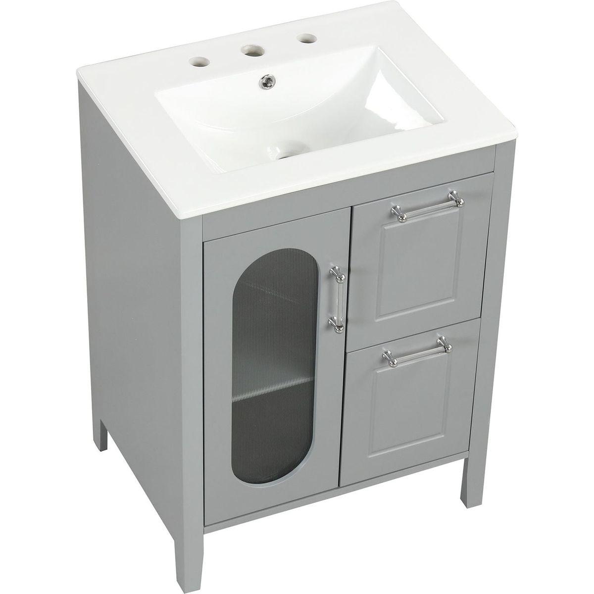 24" Bathroom Vanity with Sink, Bathroom Vanity Cabinet with Two Drawers and Door, Adjustable Shelf, Solid Wood and MDF, Grey