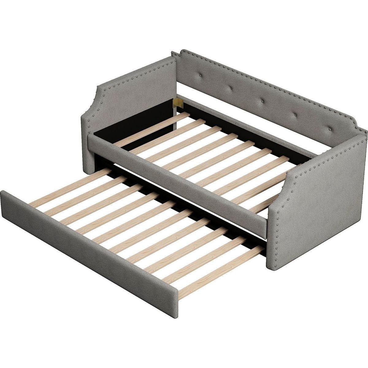 Upholstered Daybed with Trundle, Wood Slat Support,Upholstered Frame Sofa Bed, Twin,Gray