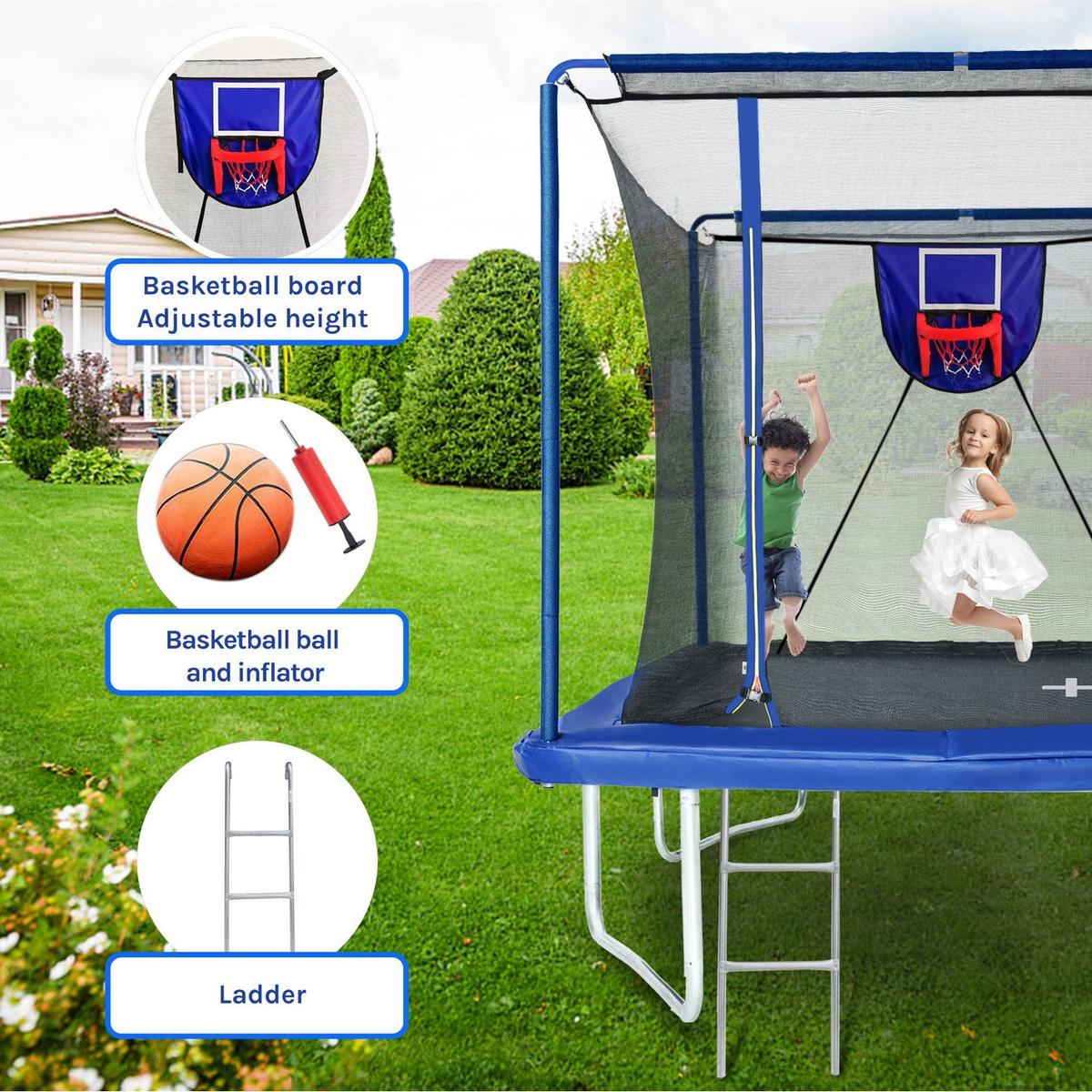 New YC 8ft by 12ft rectangular trampoline with basketball board,ball inflater and ladder-Blue ASTM standard tested and CPC certified