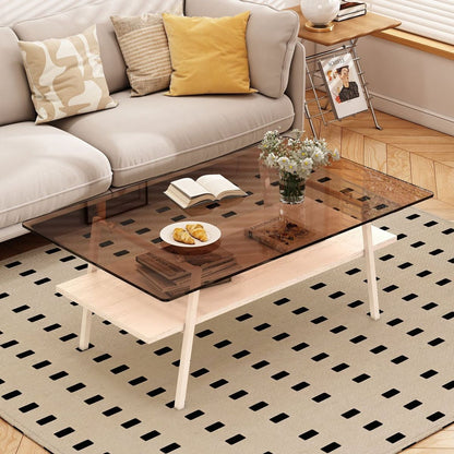 Rectangle Coffee Table, Tempered Glass Tabletop with White Metal Legs, Modern Table for Living Room, Brown Glass