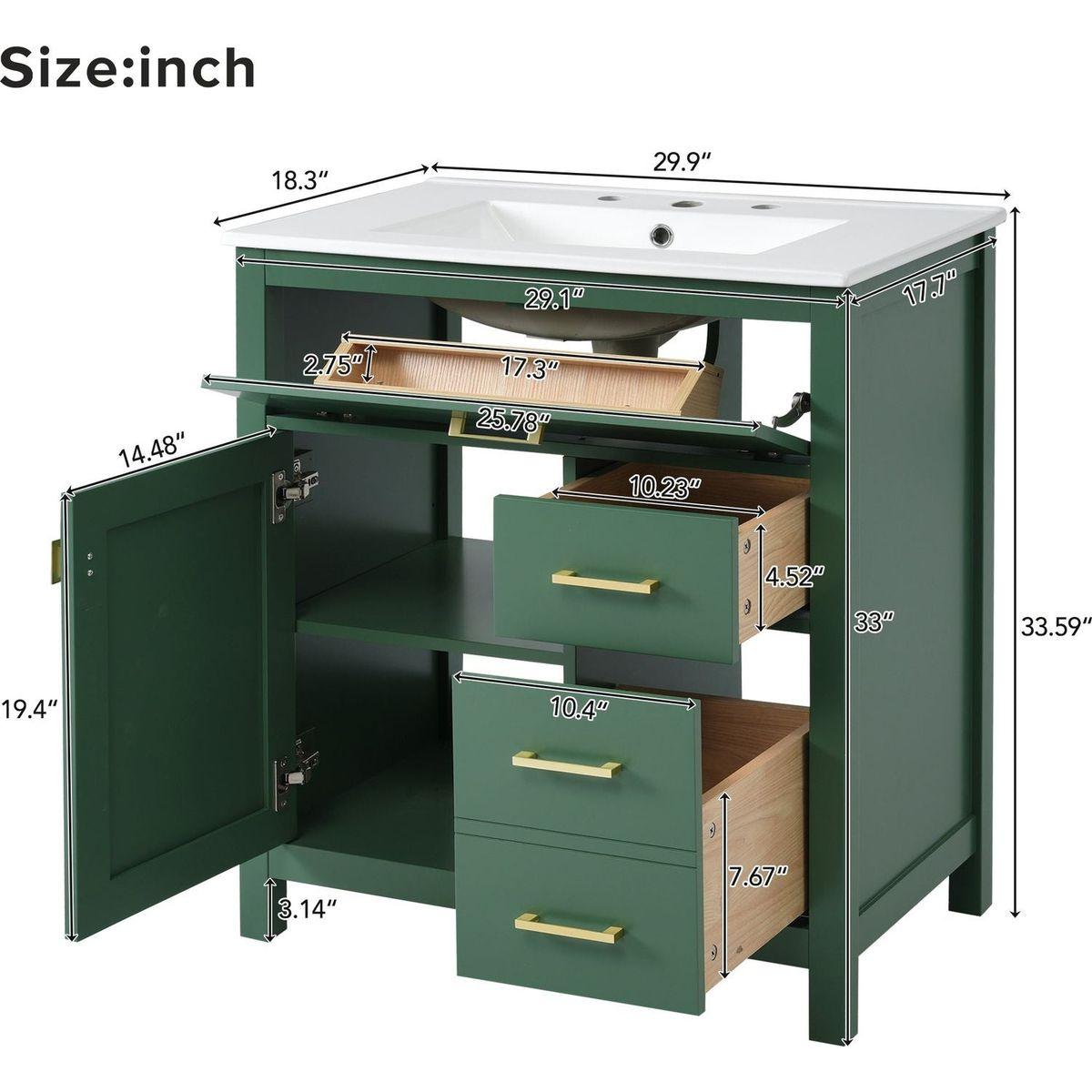 30-Inch Green Bathroom Vanity with Ceramic Sink and Ample Storage - Ideal Choice for Small Bathrooms