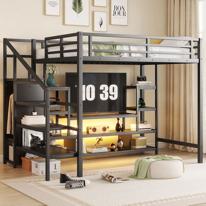 Full Size Metal Loft Bed with TV Stand, Metal Loft Bed with Staircase and Wardrobe, Kids Full Size Loft Bed, Black (Expect Arrival Date 2025/3/22)