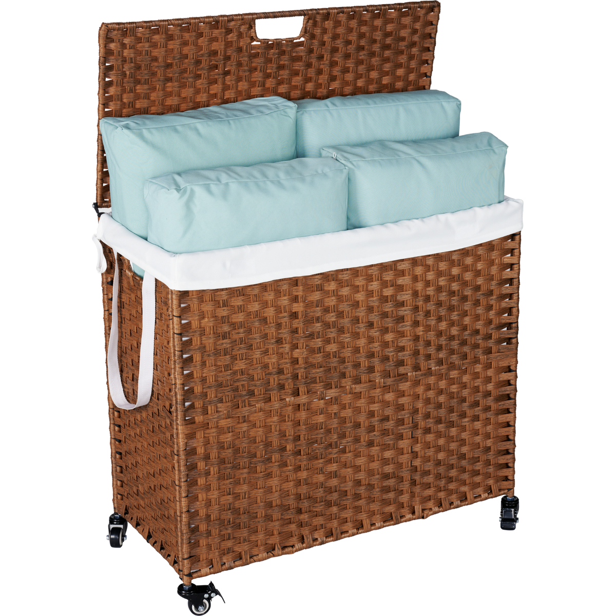 Laundry Hamper With Lid PE Rattan Powder Coating Frame Clothes Hampers with 02 Removable Bags, Wheels, 160L, Brown Color