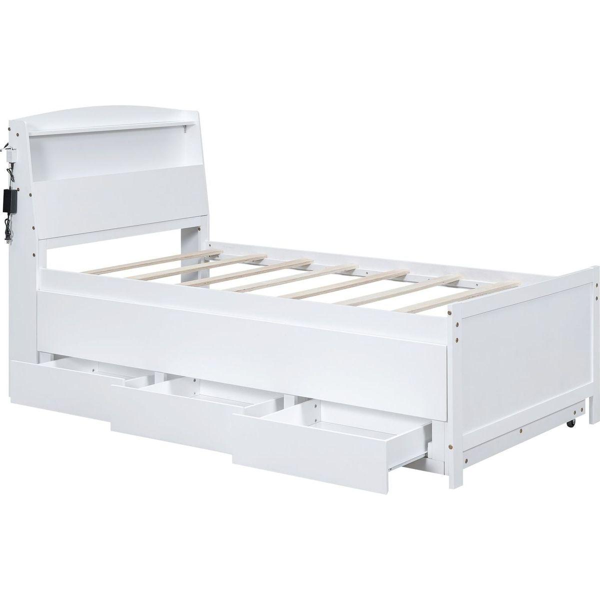 Twin Size Platform Bed with Storage LED Headboard, Twin Size Trundle and 3 Drawers, White