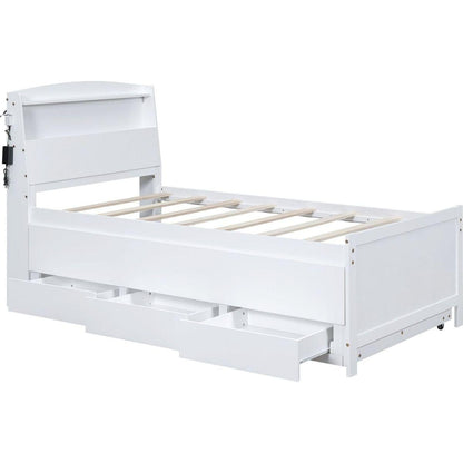 Twin Size Platform Bed with Storage LED Headboard, Twin Size Trundle and 3 Drawers, White
