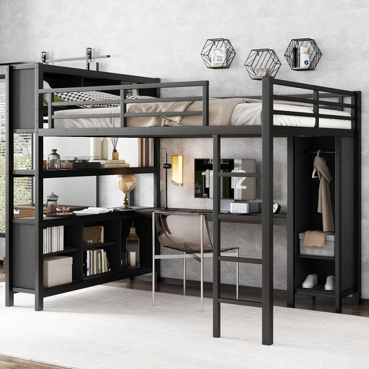 Metal Loft Bed with Wardrobe And L-shaped Desk, Queen Size Loft Bed with Storage Cubes and Shelves, Heavy Duty Loft Bed for Kids Teens Adults, Black