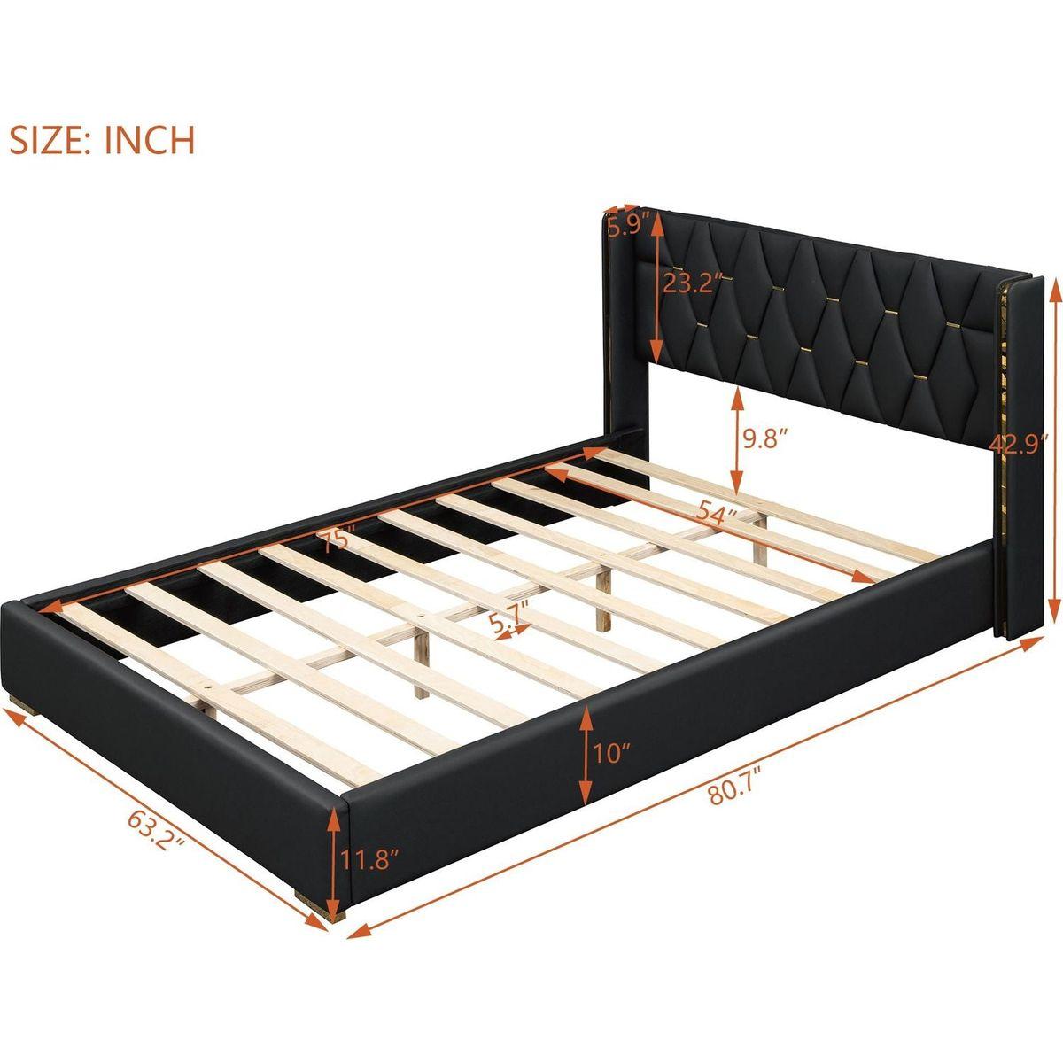 Full Size Upholstered Platform Bed with Metal Strips, Black