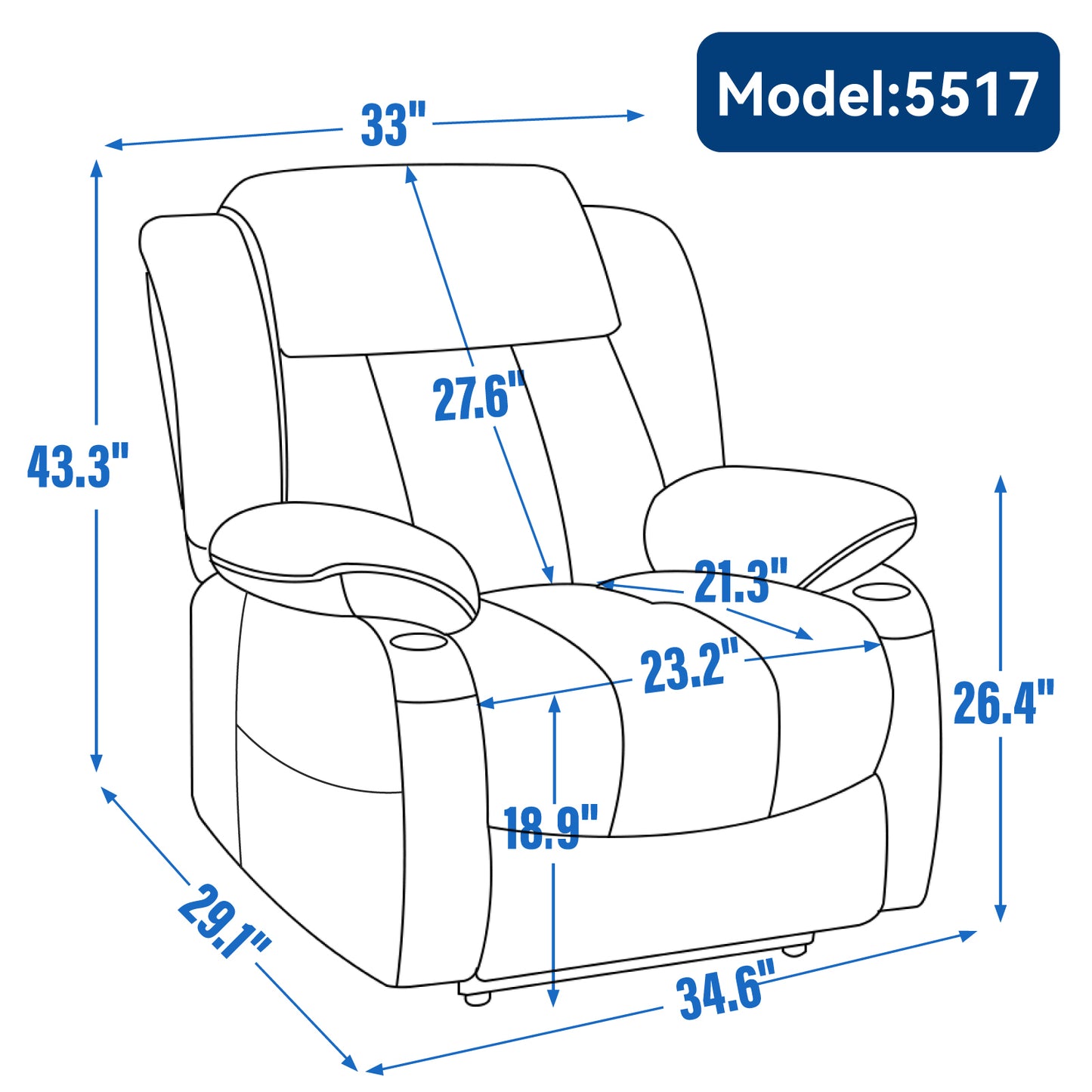 Up to 350 LBS Chenille Power Lift Recliner Chair, Heavy Duty Motion Mechanism with 8-Point Vibration Massage and Lumbar Heating, USB and Type-C Ports, Stainless Steel Cup Holders, Blue