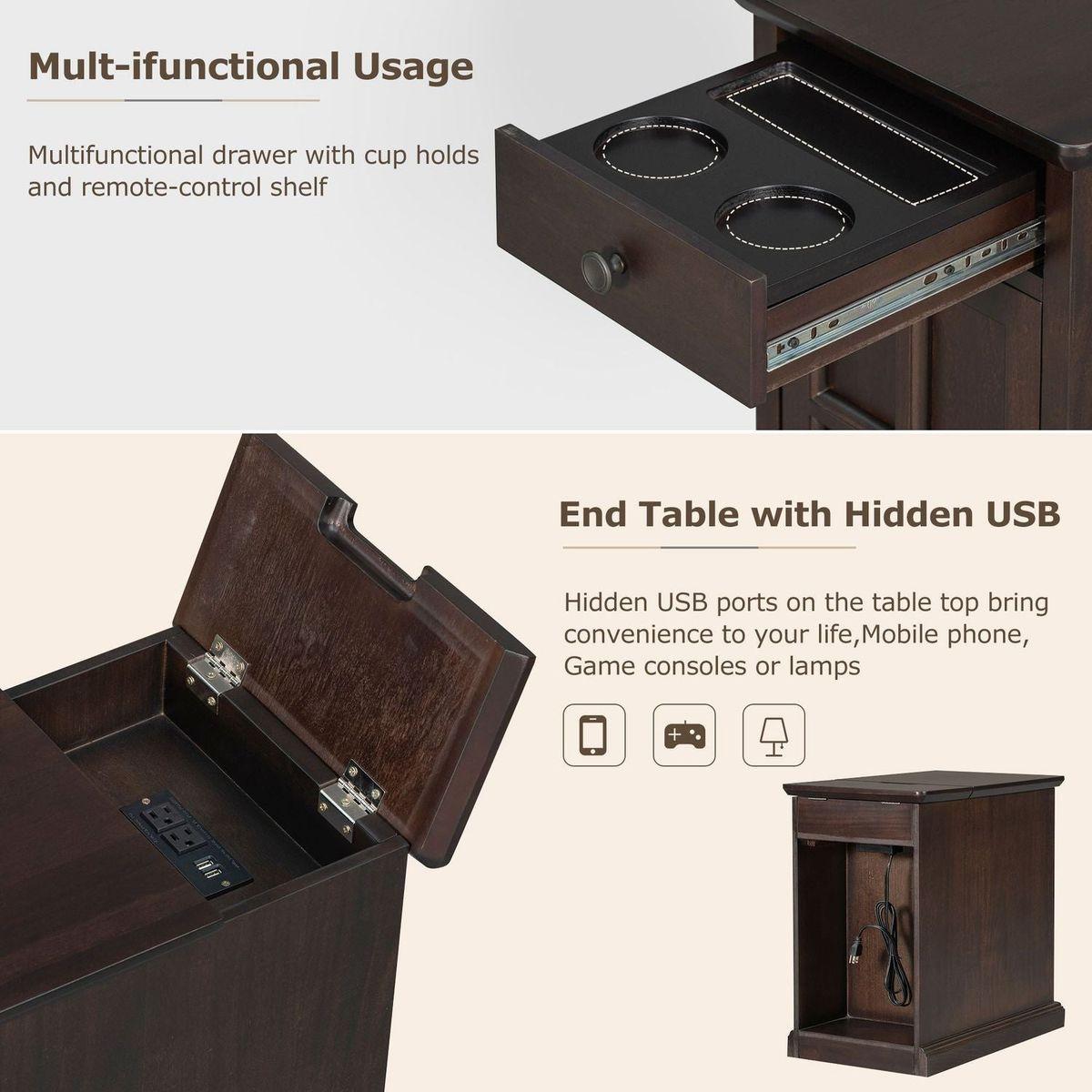 Classic Vintage Livingroom End Table Side Table with USB Ports and One Multifunctional Drawer with cup holders, Antique Espresso
