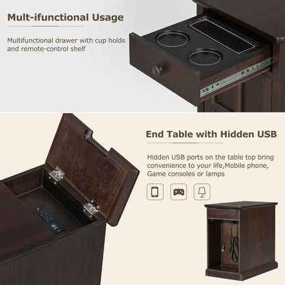 Classic Vintage Livingroom End Table Side Table with USB Ports and One Multifunctional Drawer with cup holders, Antique Espresso