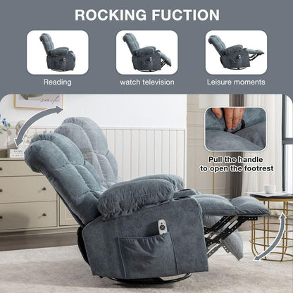 Massage Rocker Recliner Chair Rocking Chairs for Adults Oversized with 2 Cup Holders, USB Charge Port Soft Features a Manual Massage and Heat.A+B BLUE