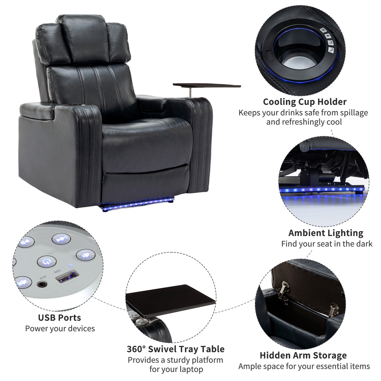 PU Leather Power Recliner Individual Seat Home Theater Recliner with Cooling Cup Holder, Bluetooth Speaker, LED Lights, USB Ports, Tray Table, Arm Storage for Living Room, Black