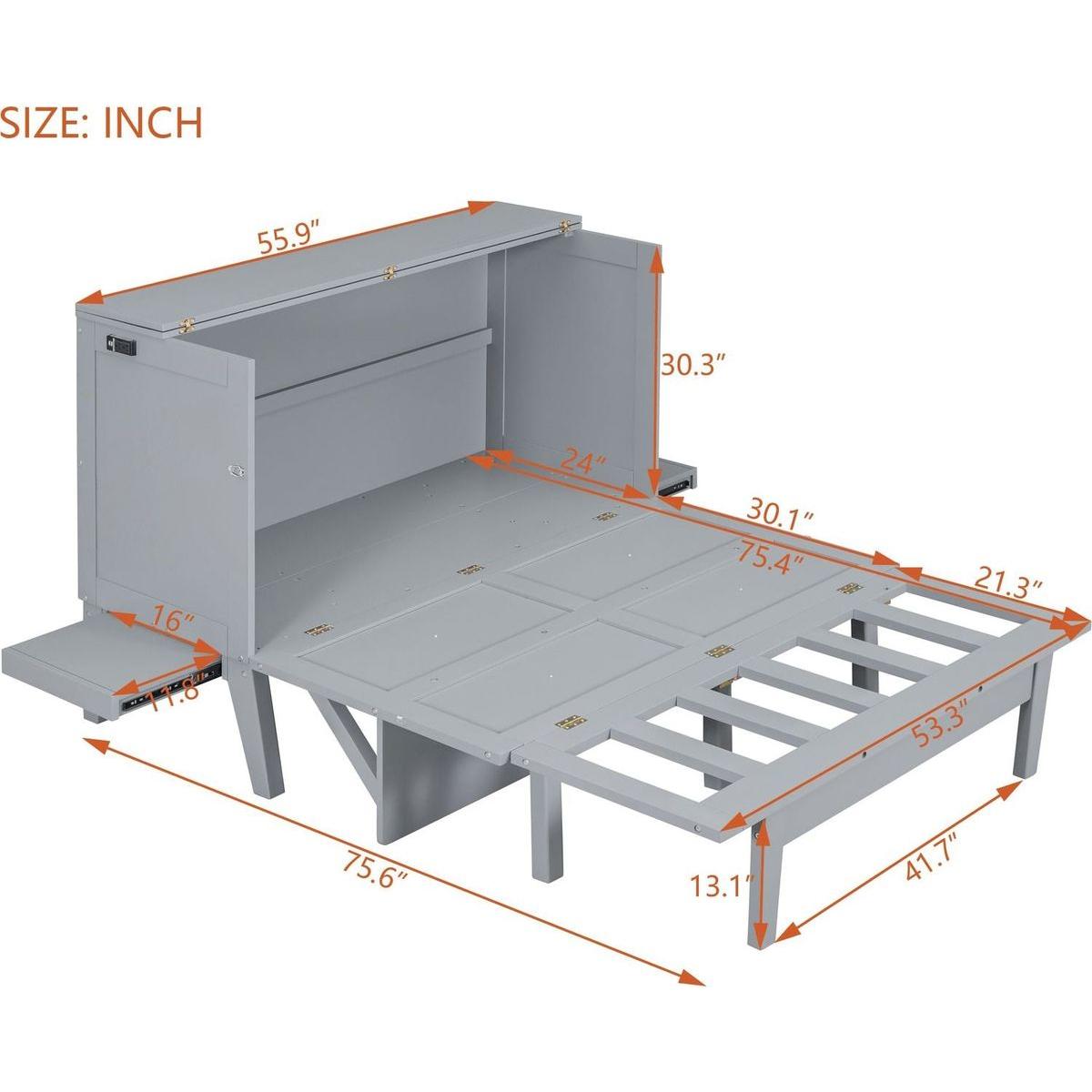 Full Size Murphy Bed with USB Port and removable Shelves on Each Side,Gray