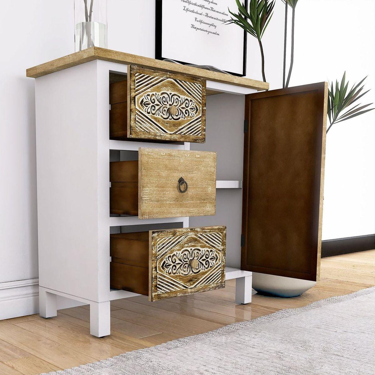 Hand-Carved Accent Cabinet with Vintage Charm - Versatile Storage and Distinctive Design - Fully Assembled