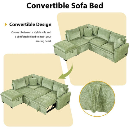 82.67"Convertible Sofa Bed Sectional Sofa Sleeper L-shaped Sofa with a Storage Ottoman,Two Pillows, Two Power Sockets and Two USB Ports for Living Room, Green