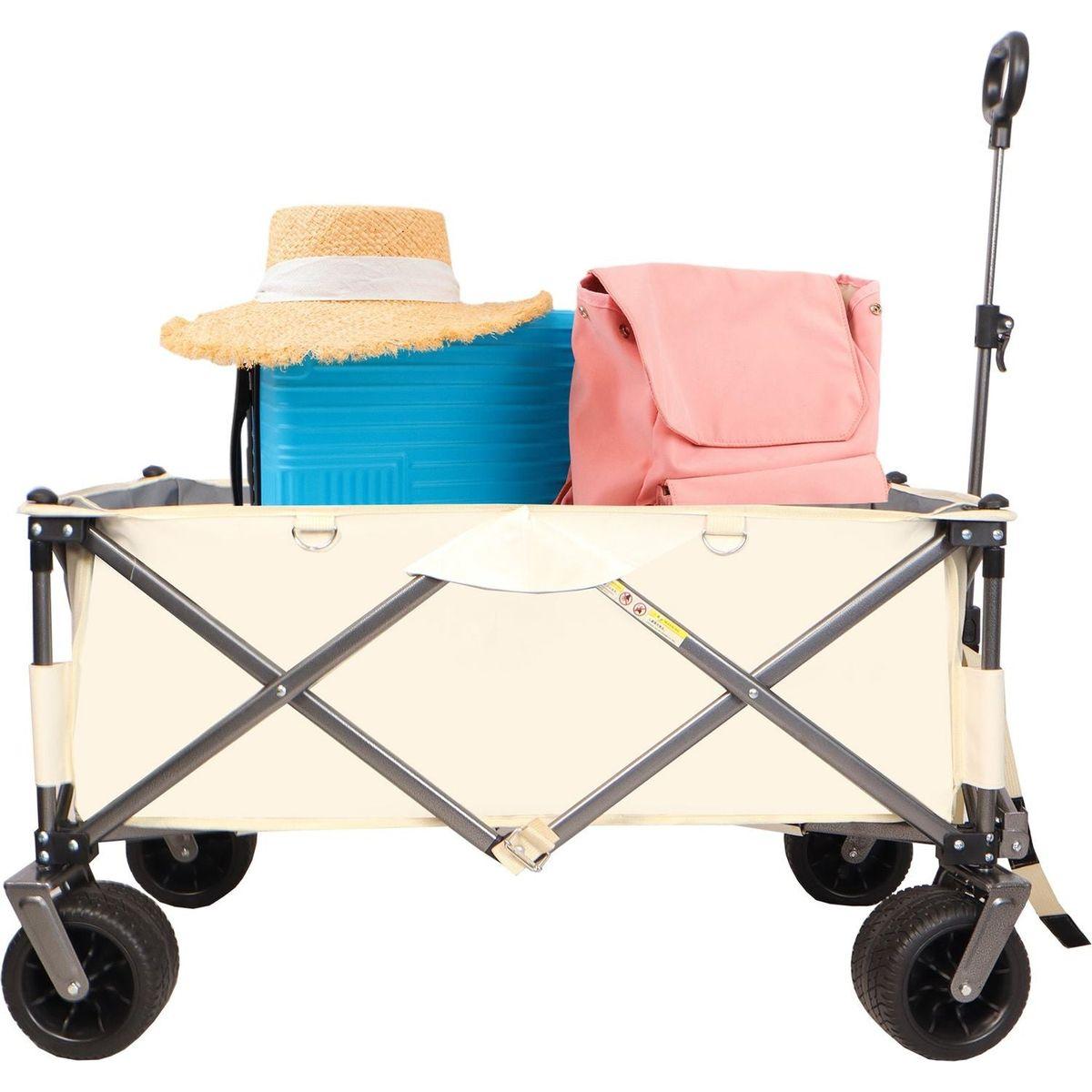 Folding Wagon, Heavy Duty Utility Beach Wagon Cart for Sand with Big Wheels, Adjustable Handle&Drink Holders for Shopping, Camping,Garden and Outdoor