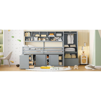 Full Size Wooden Loft Bed Big Storage with Under-bed Desk, with Drawers, with Shelves, Gray