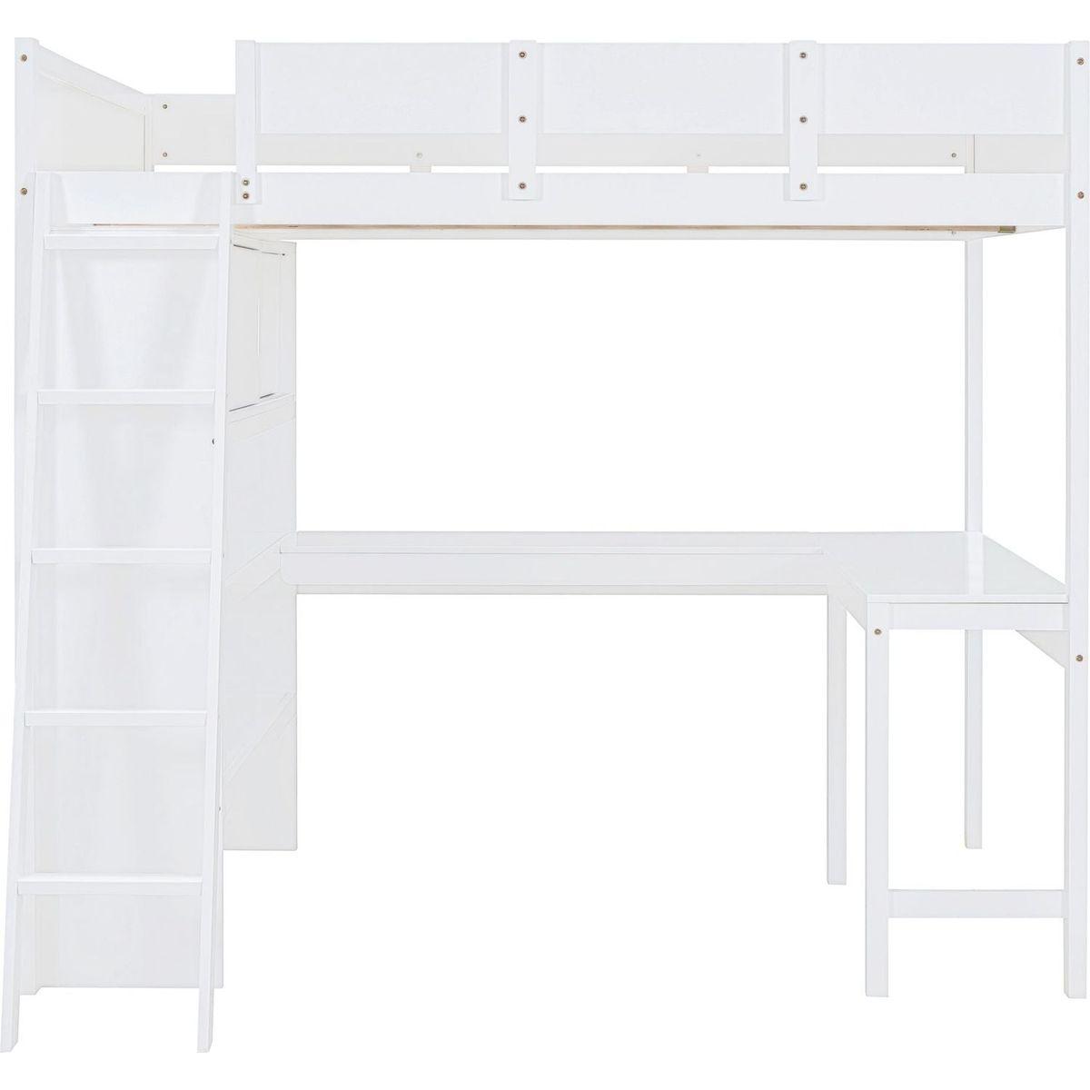 Full Size Loft Bed with Desk and Shelf - White