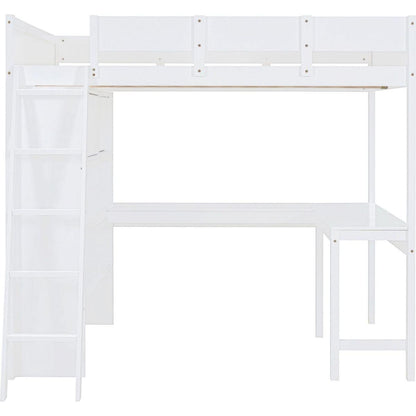 Full Size Loft Bed with Desk and Shelf - White