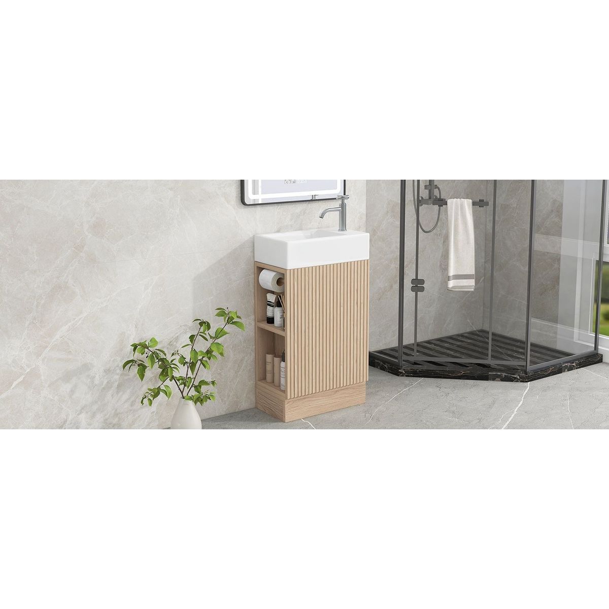 18.6" Bathroom Vanity with Sink, Bathroom Vanity Cabinet with Two-tier Shelf, Left or Right Orientation, Natural