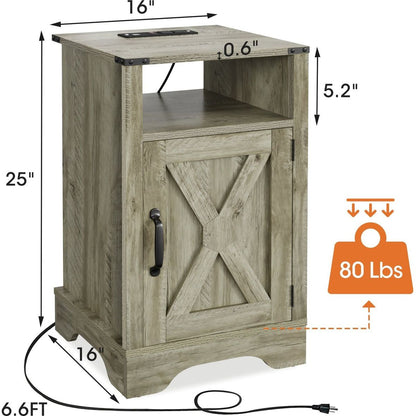 Farmhouse Nightstand Side Table, Wooden Rustic End Table, Tall Bedside Table with Electrical Outlets Charging Station - Light Grey