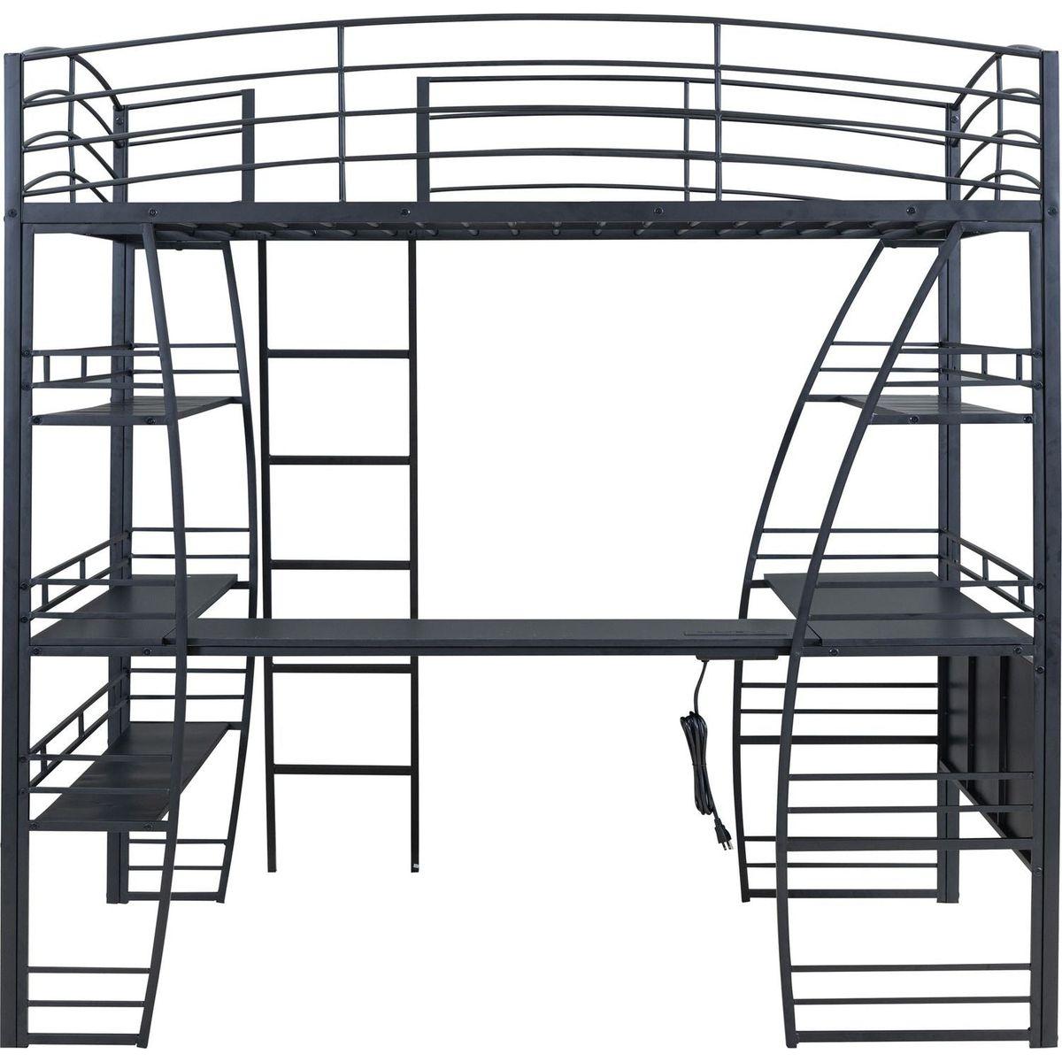 Full Size Loft Bed with 4 Layers of Shelves and L-shaped Desk, Stylish Metal Frame Bed with a set of Sockets, USB Ports and Wireless Charging, Black
