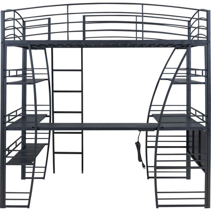 Full Size Loft Bed with 4 Layers of Shelves and L-shaped Desk, Stylish Metal Frame Bed with a set of Sockets, USB Ports and Wireless Charging, Black