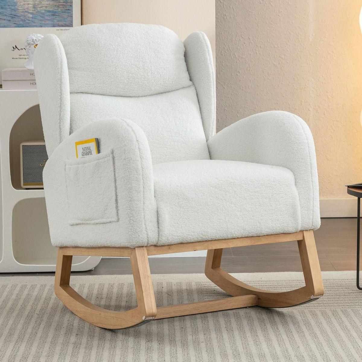 Teddy Fabric Rocking Chair With Packet Wood Legs,Ivory