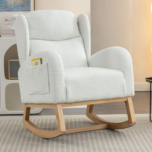 Teddy Fabric Rocking Chair With Packet Wood Legs,Ivory