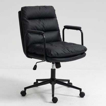 Office Chair,Mid Back Home Office Desk Task Chair with Wheels and Arms Ergonomic PU Leather Computer Rolling Swivel Chair with Padded Armrest,The back of the chair can recline 40 (Black)