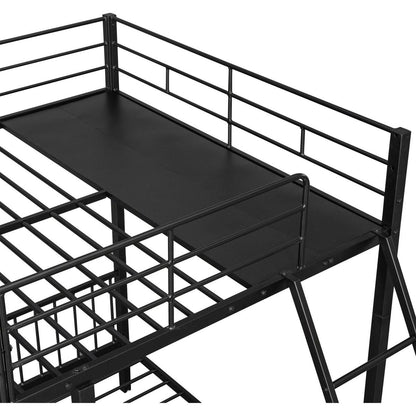 Full Over Twin & Twin Bunk Bed, Metal Triple Bunk Bed with Drawers and Guardrails, Black