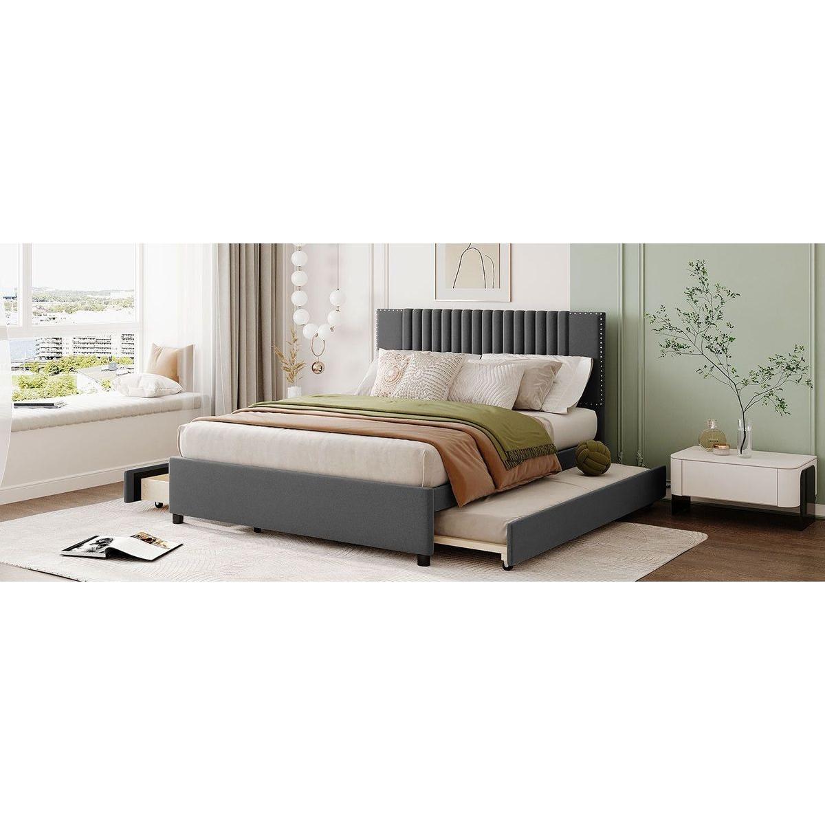 Queen Size Upholstered Platform Bed with 2 Drawers and 1 Twin XL Trundle, Classic Headboard Design, Gray