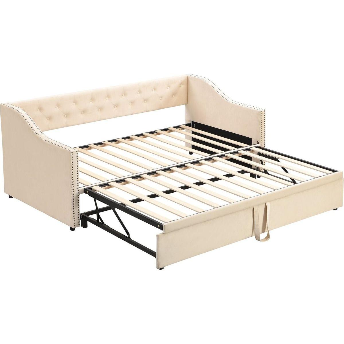 Twin Size Upholstered daybed with Pop Up Trundle, Beige