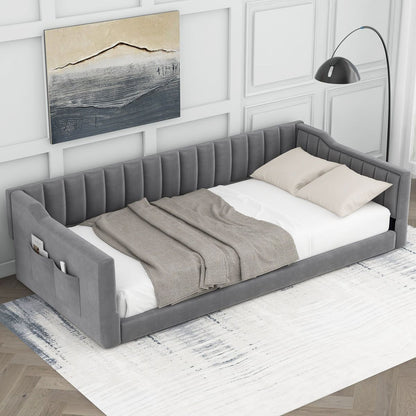 Twin XL Size Upholstery Daybed and Side Storage pocket,Gray